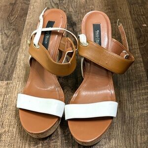 White House Black Market Sadie Cognac and White Platform Strappy Sandals Cork